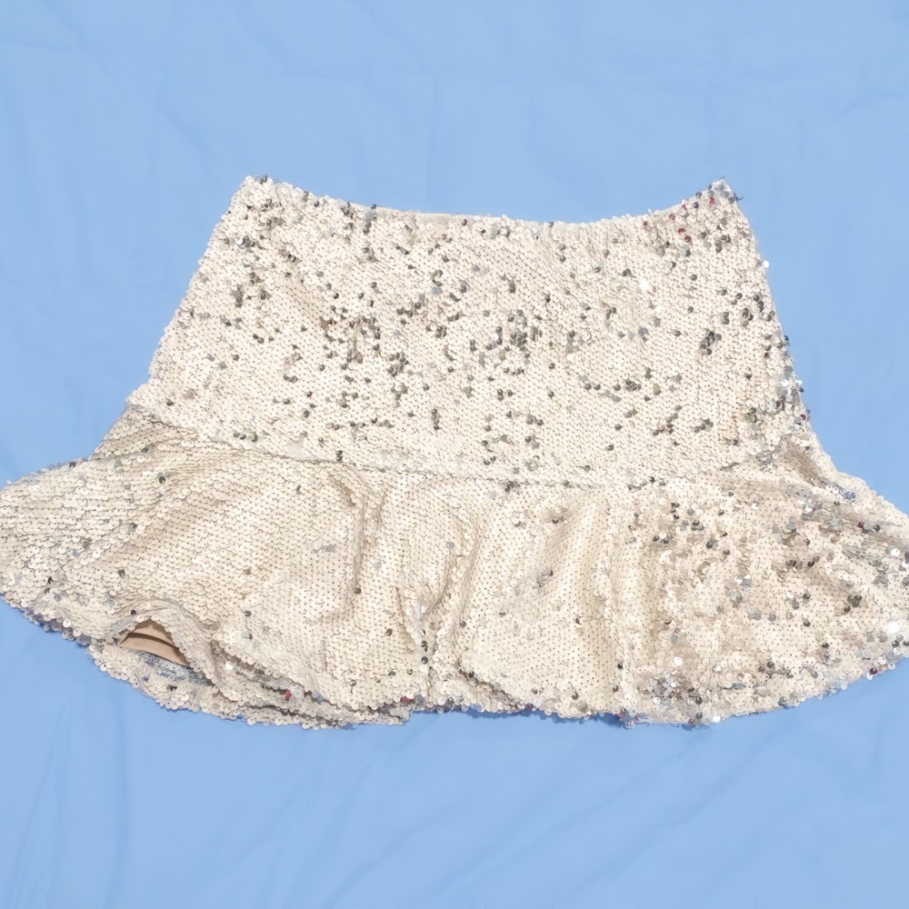 White and silver sequin mini skirt with ruffled flare
